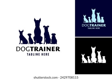 Cerrar el logotipo del entrenador de perros con un grupo de perros adecuados para servicios de entrenamiento de mascotas, publicidad, negocios de cuidado de perros o cursos de obediencia animal.