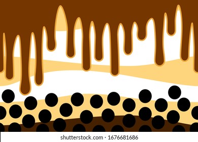 Close up of doodle bubble tea, pearl milk tea or boba tea seamless pattern background and borders. Cartoon hand drawn Taiwanese drink, street food, Asian drink frame border seamless pattern. 