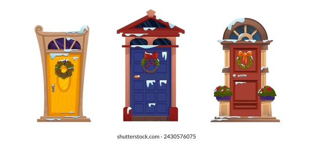 Close door decorated with Christmas traditional wreath made of green branches with berries, ribbons with bows covered with snow. Cartoon vector set of winter xmas house entrance with garland