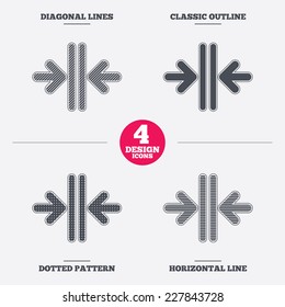 Close the door sign icon. Control in the elevator symbol. Diagonal and horizontal lines, classic outline, dotted texture. Pattern design icons.  Vector