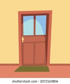 Close door. Simple and flat style. Inside view from the room of the house. Yellow wall. Cartoon cute fairy tale design. Image background. Vector