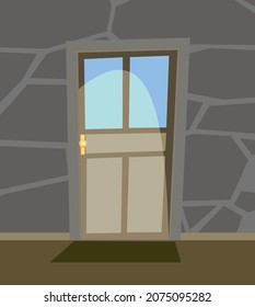 Close door. Simple and flat style. Inside view from dark room of the house. Stone wall. Cartoon cute fairy tale design. Image background. Vector.