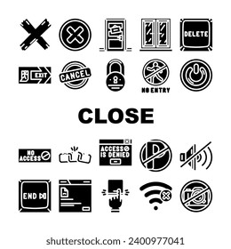 close door store board icons set vector. shop sorry, open business, hanging signboard, banner office, poster, label, notice close door store board glyph pictogram Illustrations