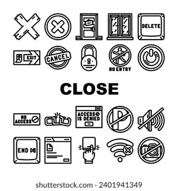 close door store board icons set vector. shop sorry, open business, hanging signboard, banner office, poster, label, notice close door store board black contour illustrations