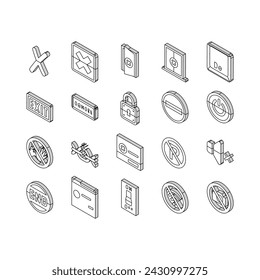 close door store shop board isometric icons set. business hanging, mark cancel, office delete, x sorry, exit, check, button, time close door store shop board color line