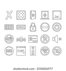 close door store shop board icons set vector. business hanging, mark cancel, office delete, x sorry, exit, check, button, time close door store shop board black contour illustrations