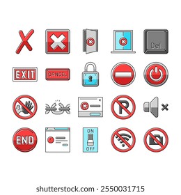 close door store shop board icons set vector. business hanging, mark cancel, office delete, x sorry, exit, check, button, time close door store shop board color line illustrations