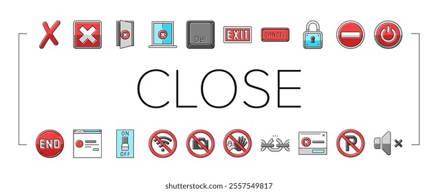 close door store shop board icons set vector. business hanging, mark cancel, office delete, x sorry, exit, check, button, time close door store shop board color line illustrations