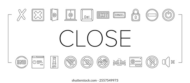 close door store shop board icons set vector. business hanging, mark cancel, office delete, x sorry, exit, check, button, time close door store shop board black contour illustrations