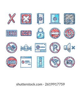close door store shop board doodle icons set vector. business hanging, mark cancel, office delete, x sorry, exit, check, button, time close door store shop board sketch hand drawn