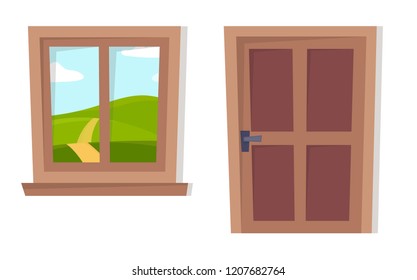 Close door. Valley landscape. Cartoon vector illustration. Vintage poster. Retro style. View from the window