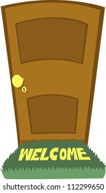 A close door and a welcome carpet-look