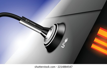 A close up of an electric car being charged up using a car charging station. vector illustration