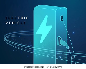 Close up Electric vehicle EV charger station, wallbox with curved lines, light for Electric car digital technology virtual hologram vector design concept. Abstract EV wallbox charger with Bolt Symbol.