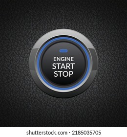 Close up of an electric vehicle EV engine start stop button on textured background with blue light glowing. Editable EPS 10 vector graphic illustration