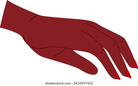 Close up of elegant female hand with red nails, Burgundy hand drawing with detailed fingers and fingernails. Elegant hand gesture and fashion, feminine touch vector illustration.