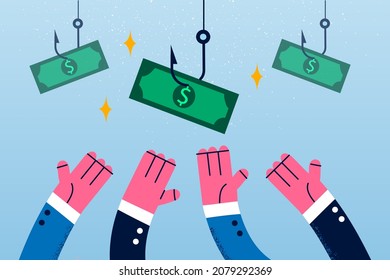 Close up of employees try to catch money banknotes on hooks strive for wealth and business financial success. Greedy people stretch hands for dollar bills, engaged in risky deal. Vector illustration. 