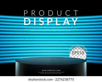 Close up empty black podium in dark scene with wall of line horizontal blue neon light on background. Vector illustration