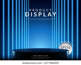 Close up empty black podium of product display in dark scene with line vertical blue neon light on background. Vector illustration