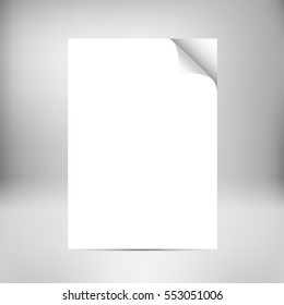 Close up empty paper sheets with curled corner isolated on background. Photo realistic paper with shadow. Vector stack of papers. 