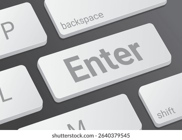 Close Up Enter Button on Laptop or Computer Keyboard for Data Input, User Access, Command Execution, and 3D Technology Interface Illustration