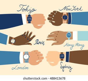 Close up of ethnically diverse outstretched business hands showing watches with various different, accurate time zones of major business cities across the world. 