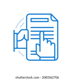 
Icono de línea vectorial del acuerdo de examen de cierre. Revisión detallada del contrato legal con corrección de errores. El dedo señala al texto del documento. Formulario de empresa de registro con análisis de cláusulas.