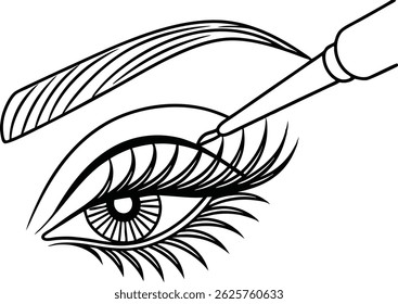 Close Up Eye With Brush Applying Eyeliner In Black And White Outline