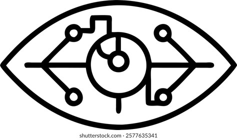 Close up of an eye with a circuit pattern in the iris concept as A macro image capturing an eye with a circuit board pattern integrated into the iris representing the human connect