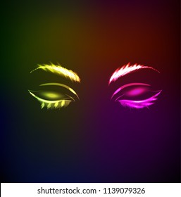 Close eye icon. Neon style on black background. Light eyes