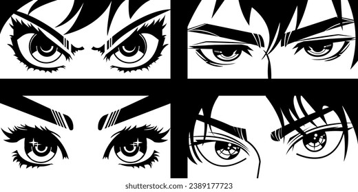 Cerrar el aspecto de los personajes de estilo manga. Se fijaron los ojos de una joven animadora y de un hombre. Los ojos estilo caricatura de la cultura asiática. Plantilla vectorial de ojos de historieta en blanco y negro para tus diseños.