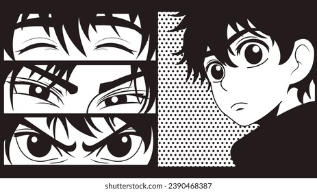 Cerrar el aspecto de los personajes de estilo manga. Los ojos de anime de niño se fijaron. Los ojos estilo caricatura de la cultura asiática. Plantilla vectorial de manga de historietas en blanco y negro para tus diseños.