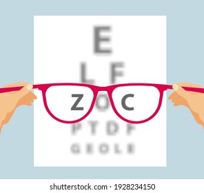 Close Eye Vision Test Chart. Woman holds glasses that improve eyesight. Vector illustration