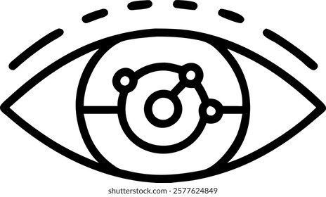 Close up of eye wearing smart contact lens displaying data concept as A macro image of an eye wearing a smart contact lens projecting data and graphs illustrating AI enhanced visio