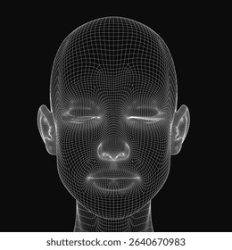 A close up of a face with a black background. The face is made up of a mesh of lines and dots. The image has a futuristic and abstract feel to it