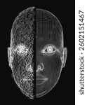 A close up of a face with a black background. The face is split in half, with one half being blurry and the other half being clear. The blurry half of the face has a dark, almost black, color