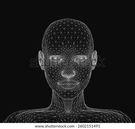 A close up of a face with a lot of detail. The face is black and white and has a lot of lines and dots. The face is very detailed and it looks like it could be a computer generated image