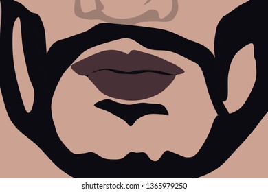 Close up face elements - mouth and small black beard. Male.