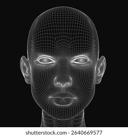 A close up of a face with a wire frame. The face is black and white. The face is very detailed and has a very realistic look