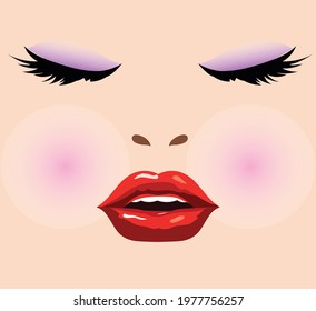 Close up famale face with red lips Female eye lash illustration vector 