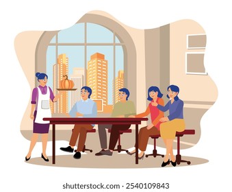 Close family celebrating Thanksgiving feast at the dinner table. Enjoy delicious dishes while laughing together. Thanksgiving concept. Flat vector illustration.