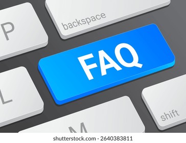 Close Up FAQ Button on Laptop or Computer Keyboard for Frequently Asked Questions, Help, Support, Information, and 3D Technology Interface Illustration
