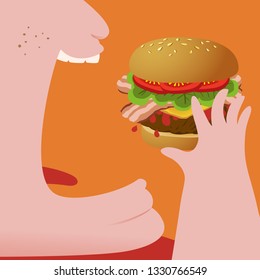 Close up of Fat Man eating hamburger isolated on orange background vector illustration