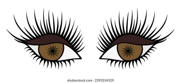 Ein naher Blick der Weibchen auf braune grüne Augen. Brauner Augenschatten auf halb geschlossenen Augenlidern. Schlaues Auge. Verführerischer Fuchs-Look. Schwarze Wimpern. Farbvektorgrafik. Cartoon-Stil. Einziger Hintergrund. 