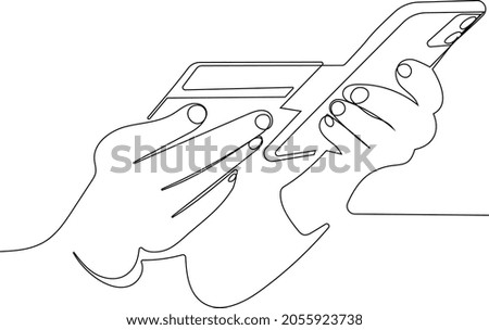close up female hands holding credit card and smartphone young woman paying online, using banking service, entering information, shopping doing secure payment. Vector illustration