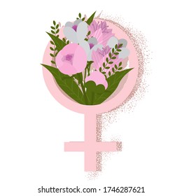 Close up Female sign with pink,purple flowers. Vector,hand-drawn illustration isolated on white. The future is female. Creative artwork. Template for card,poster,banner,print for t-shirt,pin,badge,patch.