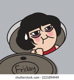 Close Up Of A Fighting Worker Young Woman Coming Out Of A Friday Street Manhole Concept Card Character illustration