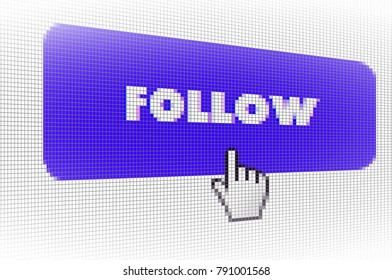 Close Up Finger Cursor Pointing Online Social Network Follow Button on Computer LCD Screen Pixel Background  - Vector Macro Image Digital Concept
