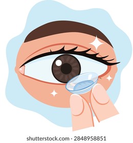 Close up of finger inserting clear soft contact lens into human eye for vision correction and eye care.