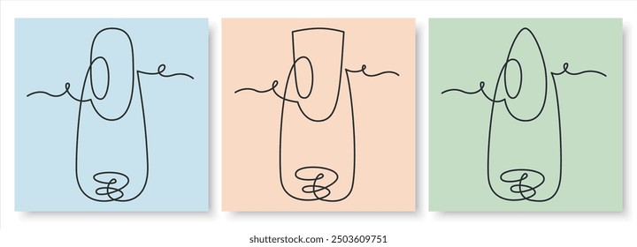 Nahaufnahme von Fingern mit ovalen, fackelnden und Bergspitzen-Nagelformen. Einfachheit, Vektorgrafik. Kontinuierliche Strichzeichnung. Monoline Einfachheit Design. Vektorschönheitsdesign.